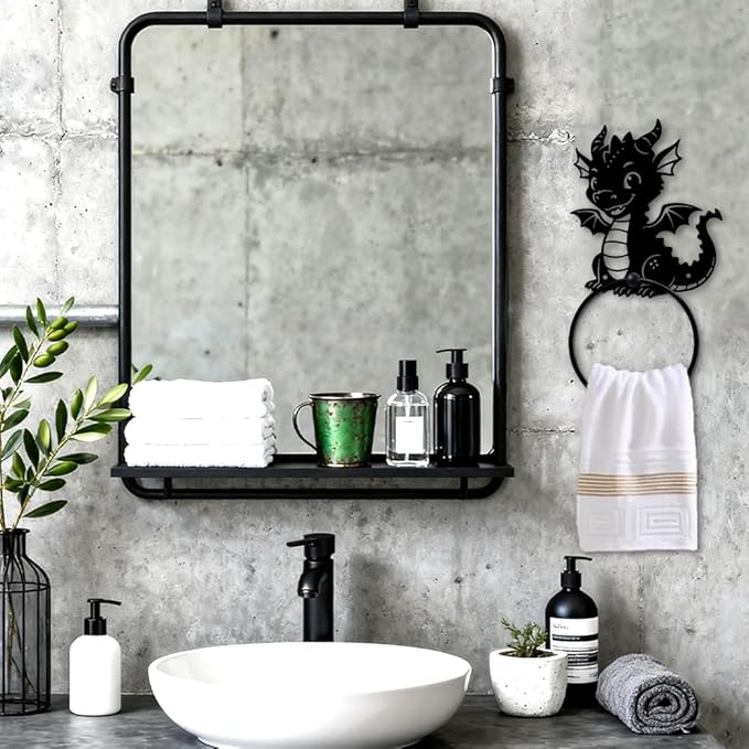 MAYJOYDIY Cartoon Dragon Metal Towel Ring Round Dragon Hand Towel Holder Ring Hanger Wall Mount Black Vintage Towels Wall Organizer for Kitchen Bath Home Laundry Room Decors Gifts