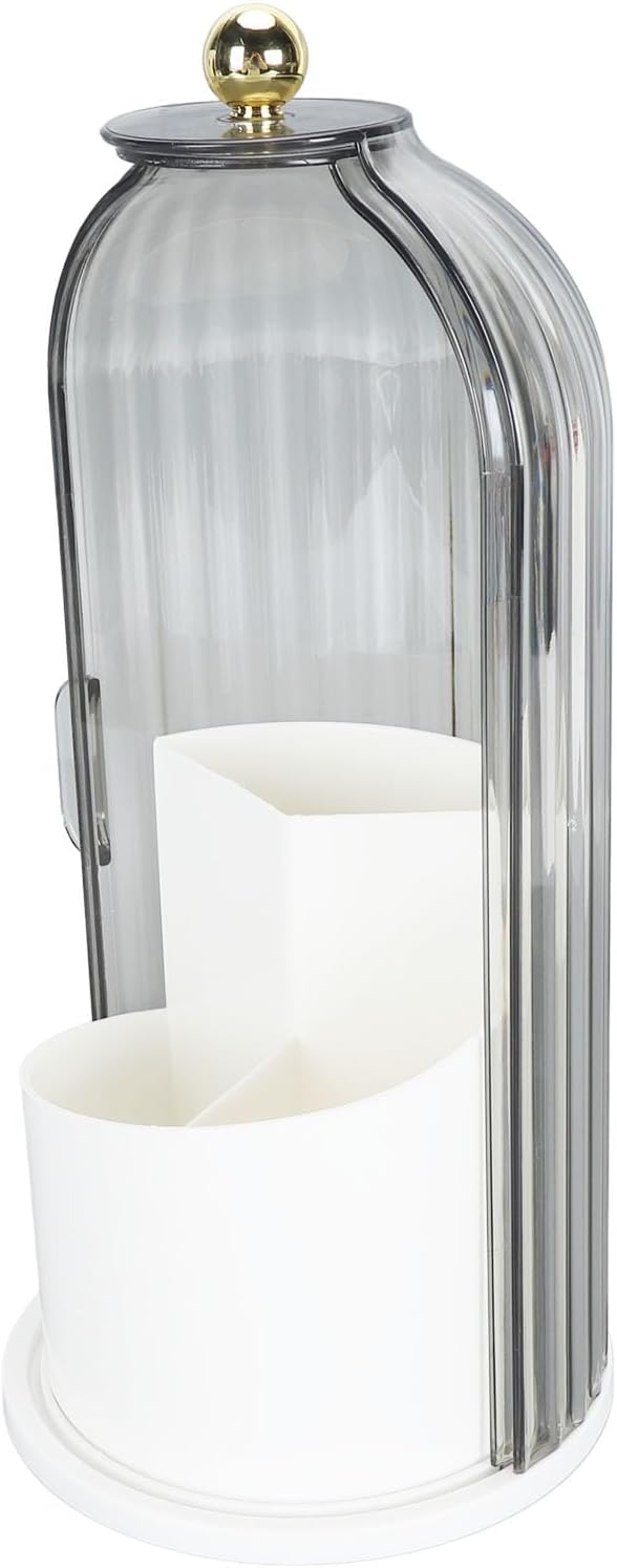 PerGar Makeup Brush Holder, Makeup Brush Holder Organizer, 360 Rotating Clear Dustproof Makeup Brushes Organizer, Makeup Brush Holder Organizer with Lid for Vanity Desktop (White Base