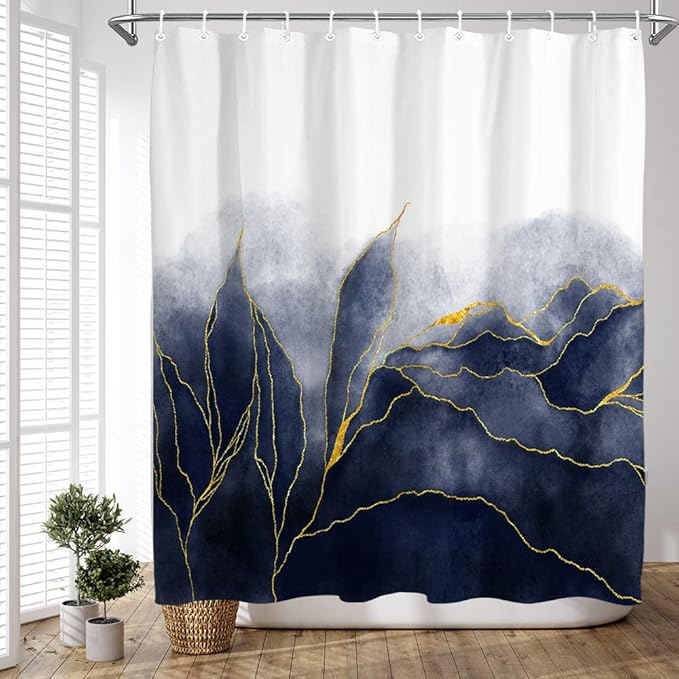 Navy Blue Marble Shower Curtain Stylish Ombre Dark Blue and Gold Marble Leaves Bathroom Curtains Abstract White Golden Fabric Waterproof Polyester 72 x 72 Inches