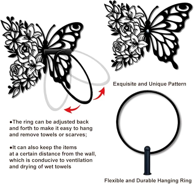 MAYJOYDIY Butterfly Metal Towel Ring Round Flower Hand Towel Holder Ring Hanger Wall Mount Black Vintage Towels Wall Organizer for Kitchen Bath Home Laundry Room Decors Gifts