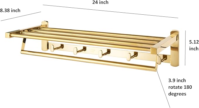 Roshan Handcrafted and Hand Polished Multi Purpose Towel Rack, Rust Proof and Peel Resistant Towel Shelf, Includes 2 Handmade Hooks (6-Piece Gold)