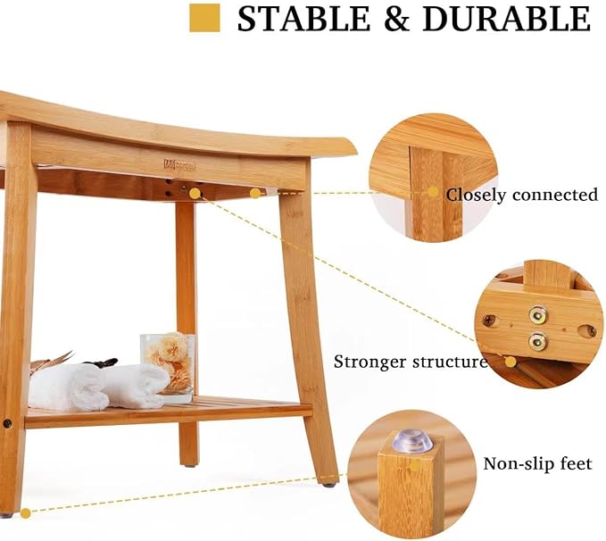 Unibambou Bamboo Shower Bench with Storage Shelf, Spa Bath Chair for Bathroom, Seat or Organizer for Living Room, Bedroom and Garden - Great for All Ages Unisex Elderly (Large, Natural)