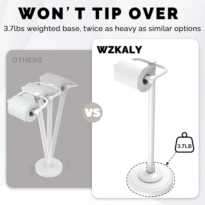 Toilet Paper Holder Stand, White Toilet Paper Holder Free Standing, Post Pivoting Design & Stable Weighted Base SUS304 Stainless Steel for Bathroom (Mega Roll)