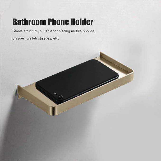 TOPINCN Toilet Phone Shelf, Floating Wall Shelves Wall Mounted Thick Phone Holder, Stainless Steel Multifunctional Storage Shelf for Bathroom, Toilet, Kitchen (Gold)