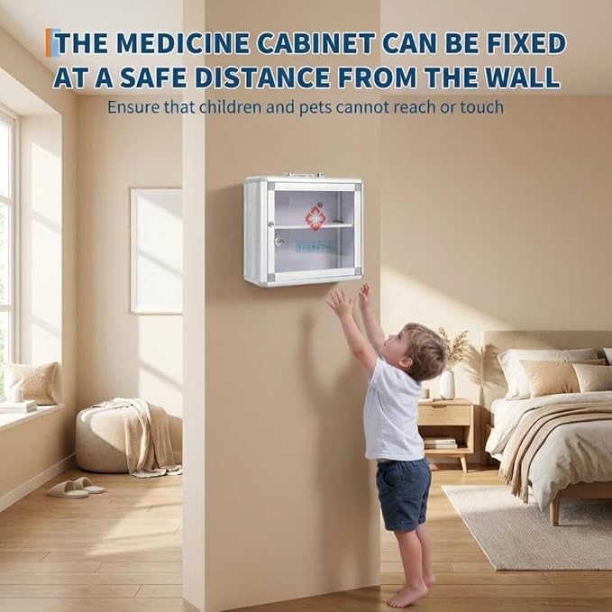 Garvee Small Lockable Medicine Cabinet with Handle,Protable First Aid Cabinet Wall Mount with Sticker for Bathroom,11.42"×4.33"×9.84",Sliver