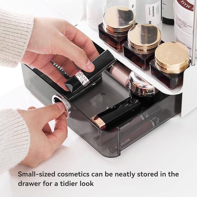 Small Makeup Vanity Organizer with Drawer, 2-Tier Bathroom Countertop Organizer with Metal Support, 7.8"x5.9" Compact Perfume Organizer for Dresser, Skincare & Lotion Storage, White