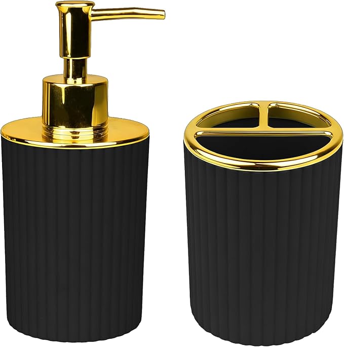 Bathroom Accessories Set, 2-Piece Black & Gold Soap Dispenser & Toothbrush Holder, Modern ABS Vanity Organizer for Countertop, Minimalist Bathroom Decor