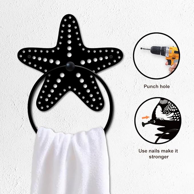 MAYJOYDIY Starfish Metal Towel Ring Summer Ocean Theme Towel Holder Polka Dot Starfish Wall Decor Towel Hanger Black Art Towel Rack Wall Mounted for Bathroom Kitchen Home Decors Gift