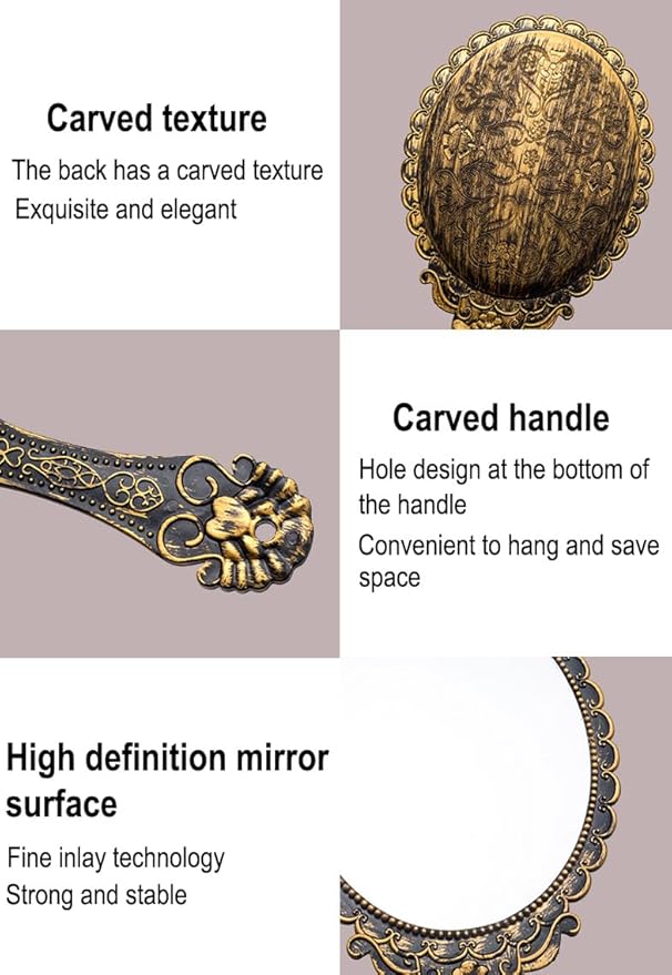 AKOAK Vintage Handheld Makeup Mirror, Exquisite Embossed Decorative Handle Makeup Mirror Portable Travel Mirror for Girls and Ladies (Oval, Bronze)