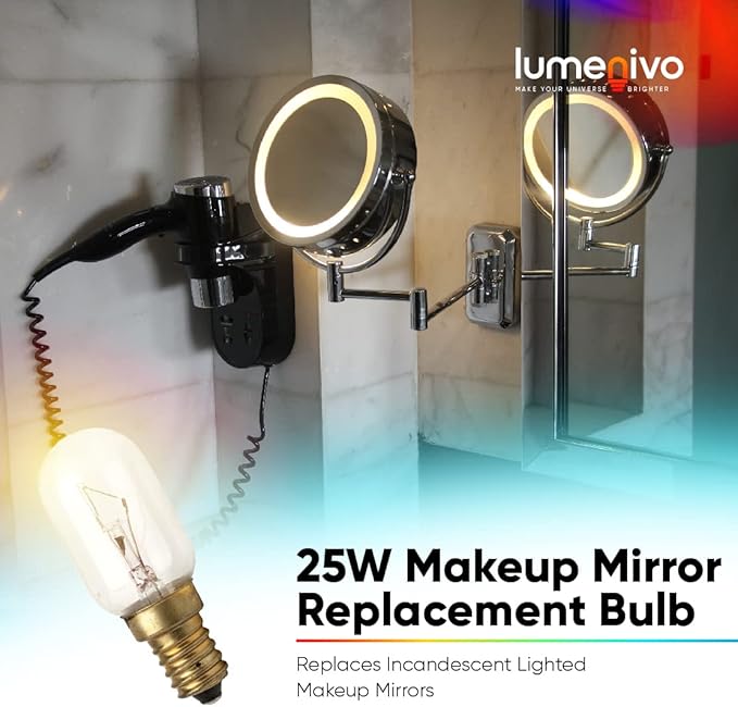lumenivo 25W Compatible Conair Makeup Mirror Replacement Bulbs Incandescent Lighted Makeup Mirror Replacement Bulb 120V T7 Type T Bulb 25 Watt with E12 Candelabra Screw Base - 1 Pack
