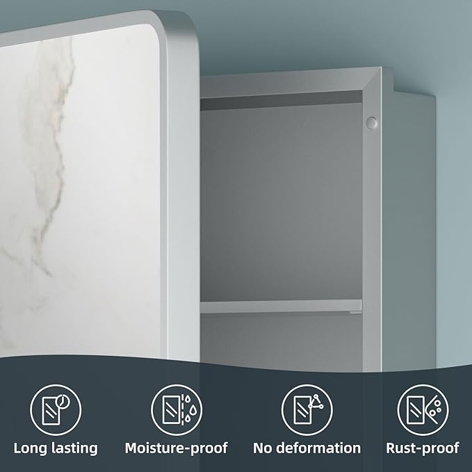 Bathroom Medicine Cabinet with Mirror 16 x 24 Inch, Silver Medicine Cabinet Recessed or Surface Wall-Mounted, Mirrored Cabinets with 2 Adjustable Shelves for Bathroom Vanity