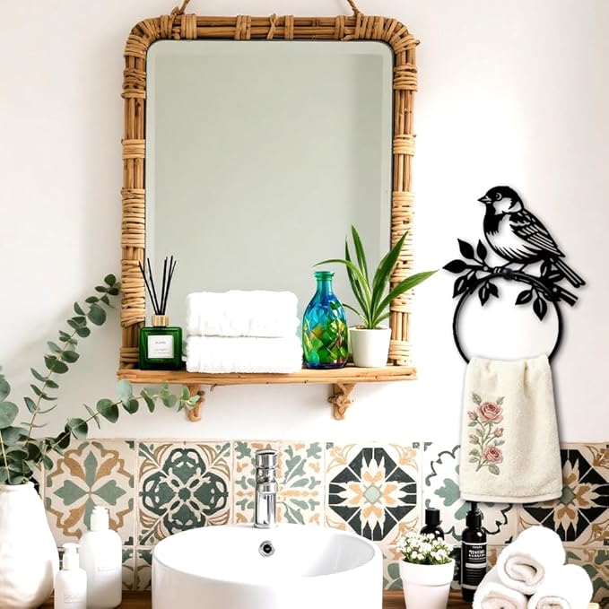 MAYJOYDIY Bird Metal Towel Ring Round Branch Bird Hand Towel Holder Ring Hanger Black Vintage Towels Wall Organizer for Kitchen Bath Home Laundry Room Decors Gifts