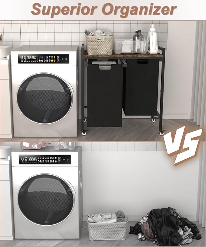 12 x 2 Gal Large Laundry Hamper with Wheels, 2 Pull-Out & Removable Sorter Bags, Freestanding Clothes Basket Organizer for Clothing or Toys in Bathroom and Living Room, Rustic Brown and Black