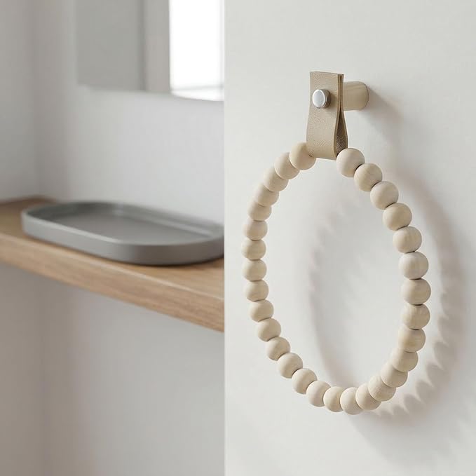 2PCS Towel Rack Handmade Wooden Bead Towel Ring Wall Mounted Farmhouse Hand Towel Holder for Bathroom Decor