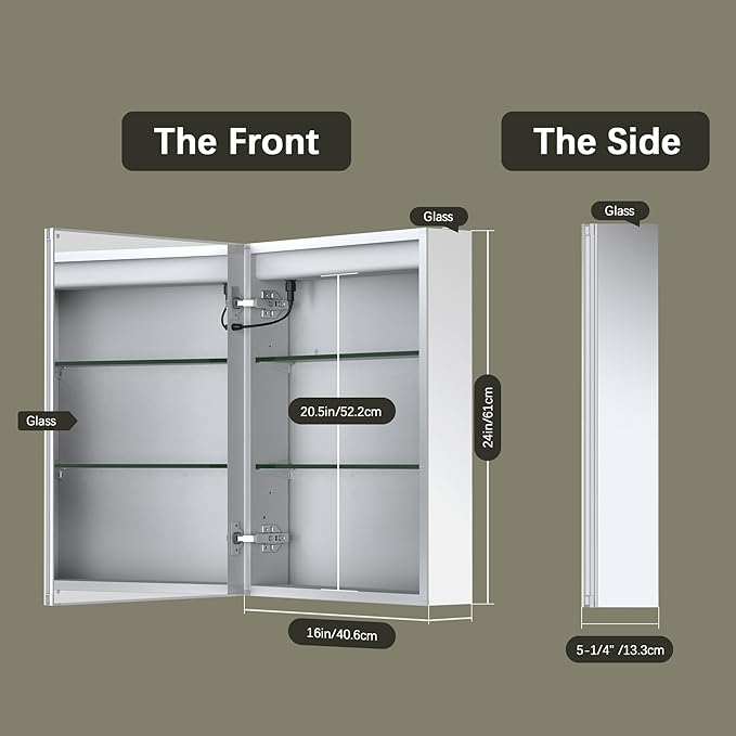 16x24 Inch Bathroom Medicine Cabinet with Mirror, Lighted Bathroom Mirror with Storage, Recessed /Surface Mount Medicine Cabinet with Socket & USB, Anti-Fog, 3 Colors Temperature, Dimmable Light