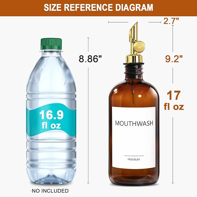 Mouthwash Dispenser for Bathroom, Glass Mouthwash Dispenser with Cup, Mouth Wash Container Bottle with Cup, Refillable Mouthwash Decanter, Amber, 2 Pack, 17oz