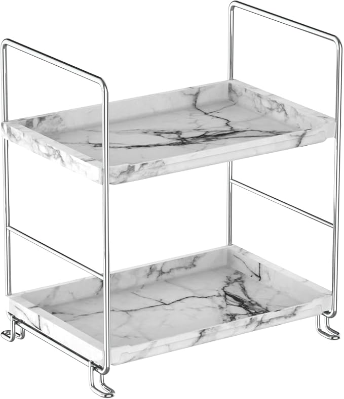 2-Tier Bathroom Organizer Countertop Perfume Makeup Shelf Cosmetics Storage Shelf Display Rack Vanity Dresser,Kitchen Spice Rack,Plastics Imitation Marble Design,Tool-Less Install(Sliver)