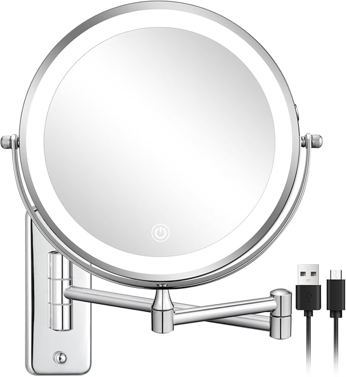 DECLUTTR Wall Mounted Lighted Makeup Mirror, Rechargeable 1X/15X Magnifying Mirror 8 Inch Double Sided, 3 Colors Vanity Mirror with Lights, Touch Dimmable 360° Rotation Foldable