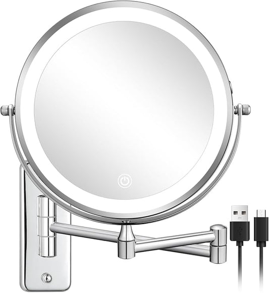 DECLUTTR Wall Mounted Lighted Makeup Mirror, Rechargeable 1X/15X Magnifying Mirror 8 Inch Double Sided, 3 Colors Vanity Mirror with Lights, Touch Dimmable 360° Rotation Foldable