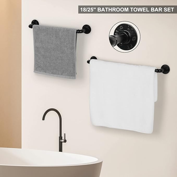Industrial Bathroom Hardware Set 10 Pieces Bath Towel Bar Set Includes Round Towel Ring Hand Toilet Roll Holders for Wall 18 and 25 inch Towel Rack Robe Towel Hooks Black Bathroom Accessory Towel Kit