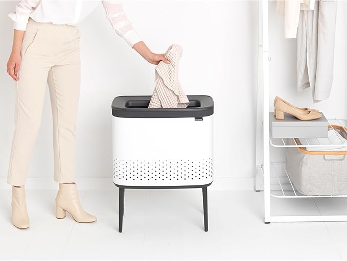 Brabantia Bo Laundry Hamper (White) Removable Laundry Bag 16 Gal, Ventilated Stylish Discreet Dirty Clothes Holder, Flat Back, Anti-Rust Materials for Bathroom Use