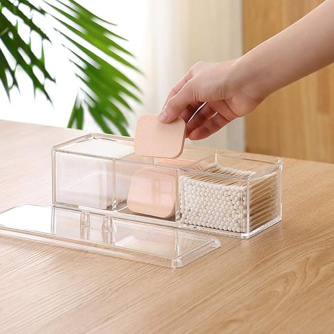 Cotton Ball and Swab Holder Organizer with Lid, Dustproof, Waterproof, Clear Acrylic 3 Compartment Cotton Pad Container for Cosmetics