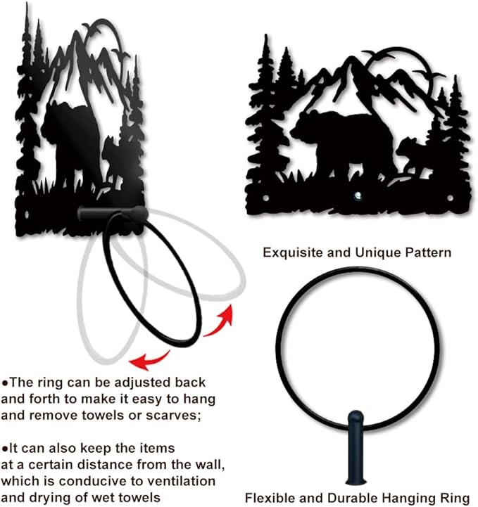 MAYJOYDIY Bear Forest Metal Towel Ring Animal Mountain Towel Holder Sun Bird Metal Bath Towel Ring Wall Mounted Black Art Towel Rack for Bathroom Accessories Wall Mounted Decoration
