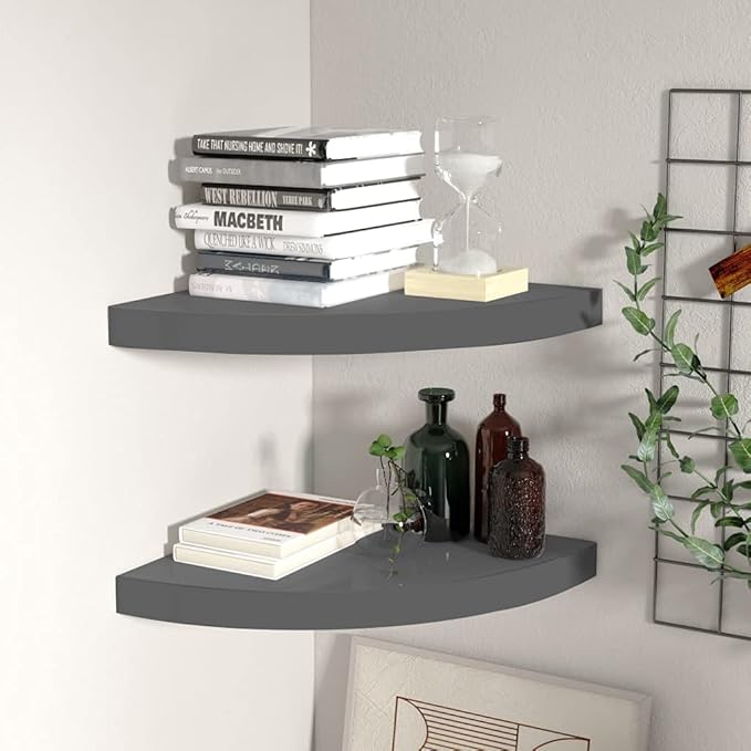 Floating Corner Shelves 2-Pack High Gloss Gray 13.8"x13.8"x1.5" Honeycomb MDF & Metal Wall-Mounted Shelving for Bathroom, Living Room, Bedroom with Invisible Mounting System
