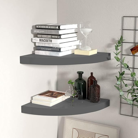 Corner Floating Shelves Set of 2, High Gloss Gray Wall Shelves 13.8x13.8x1.5 Inch, Honeycomb MDF with Invisible Mounting for Bathroom Bedroom Living Room Storage and Display