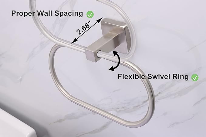 TocTen 2 Pieces Towel Ring/Hand Towel Rack - Thicken SUS304 Stainless Steel Bathroom Hand Towel Holder Heavy Duty Unique Oval Hand Towel Hanger Wall Mounted for Bathroom Kitchen Sink（Brushed Nickel）