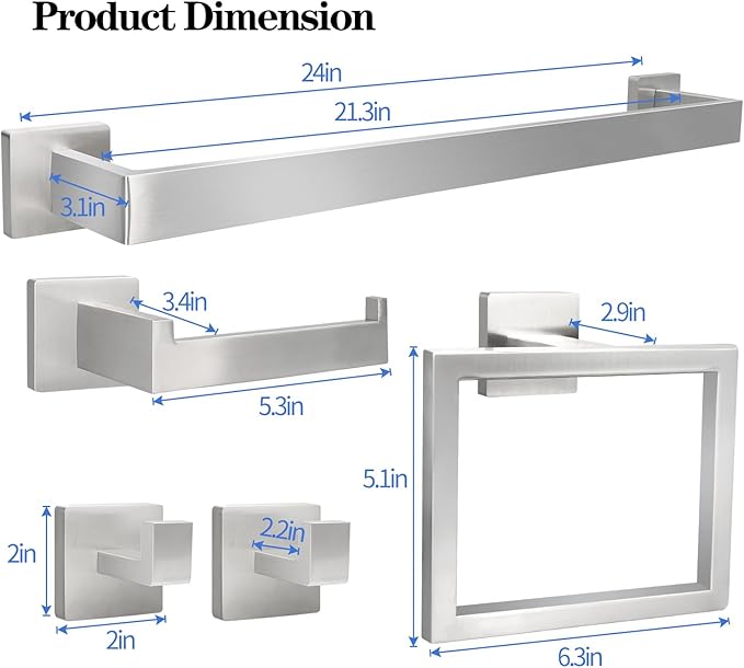 5pcs Bathroom Hardware Set, 24in Towel Bar Set, Including Square Towel Bar Square Towel Ring Toilet Paper Holder Towel Hooks, Set SUS304 Stainless Steel, Wall Mounted
