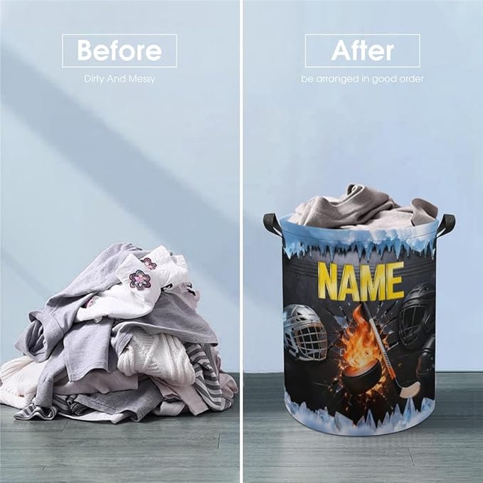 Personalized Ice Hockey Laundry Hamper Custom Name Funny Dirty Clothes Laundry Basket Portable Storage Basket For Home Bathroom Family Hockey Lovers Xmas Birthday (style 21)