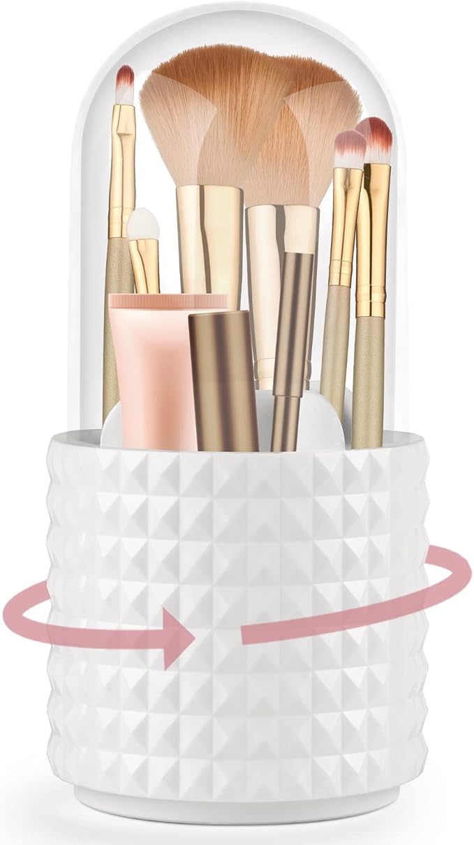 Makeup Brush Holder with Lid 360 Degree Rotating Makeup Storage Organizer Dustproof Cosmetics Organizer for Vanity and Bathroom Countertop