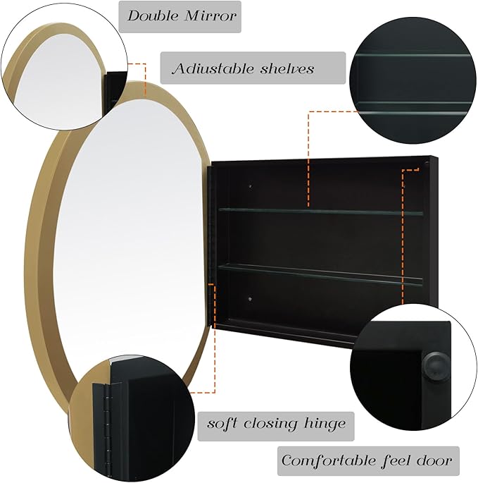 FOAMYKO Round Medicine Cabinet, Circular Bathroom Mirror Cabinet, Wall Surface Mounted Storage Farmhouse Cabinet (Gold, 30"x30")