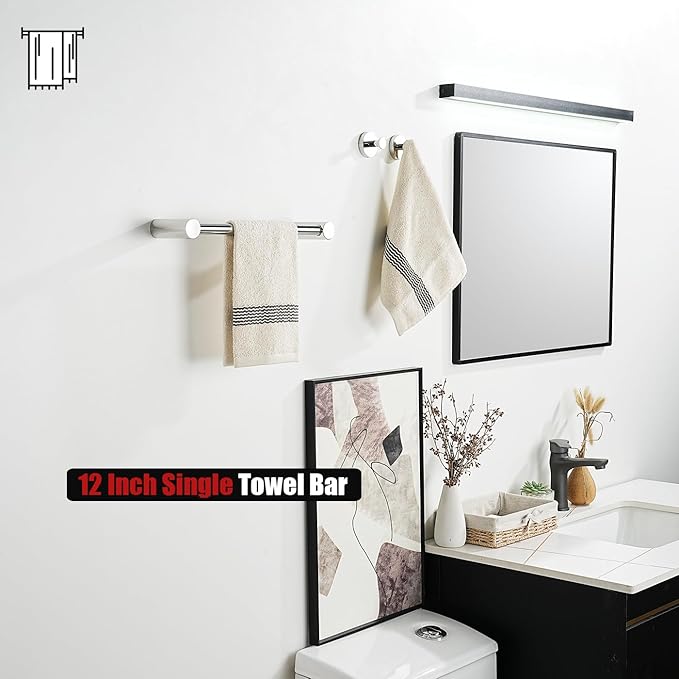 JQK Towel Bar Chrome, 14.5 Inch 304 Stainless Steel Thicken 0.8mm Towel Rack Bathroom Wall Mount, Useable Length 12 Inch, TB610L12-CH