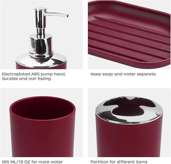4 Pcs Burgundy Bathroom Accessories Set,Bohemian Bathroom Toothbrush Holder Set.Include Soap Dispenser, Soap Dish, Toothbrush Holder, Mouthwash Cup, Modern Bahtroom Decor Set