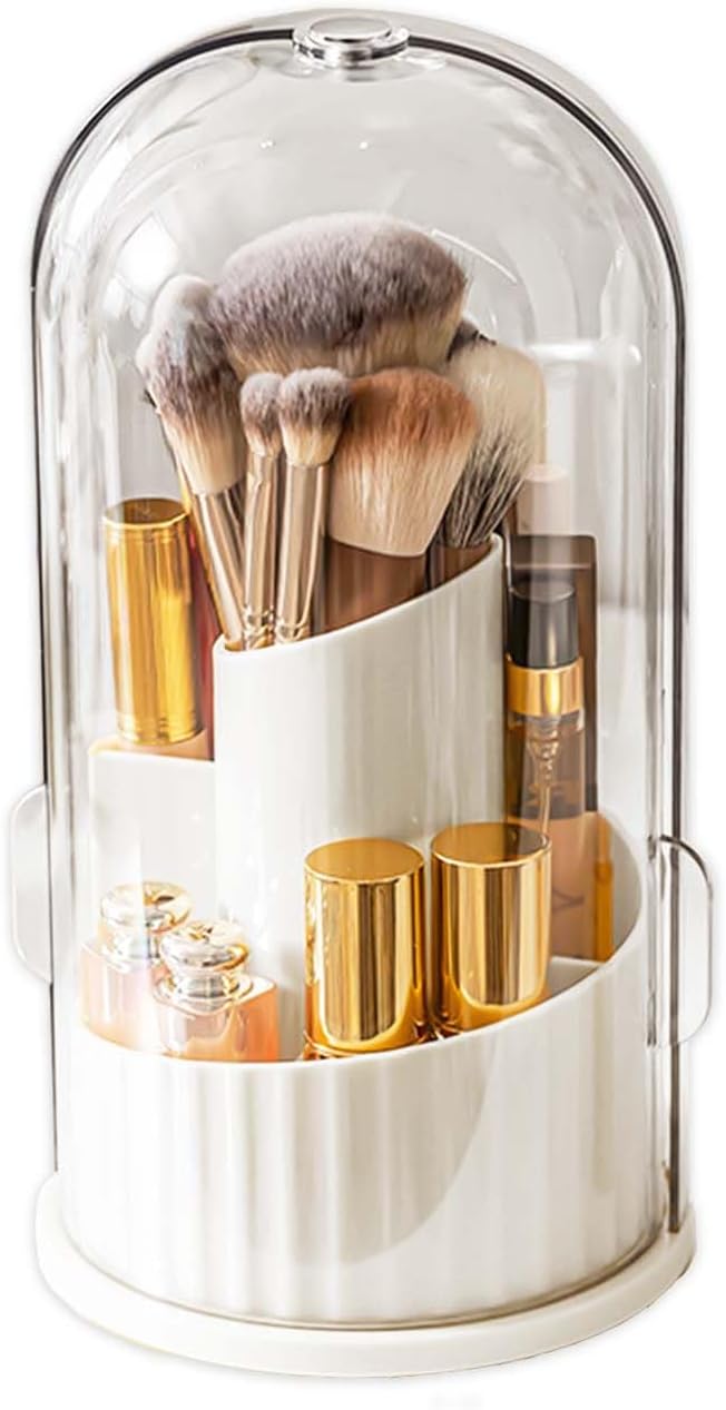 Makeup Brush Holder Organizer with Lid, 360 Rotating Dustproof Transparent Makeup Brushes Organizer for Vanity Dresser Bathroom Countertop(White with Clear Cover)