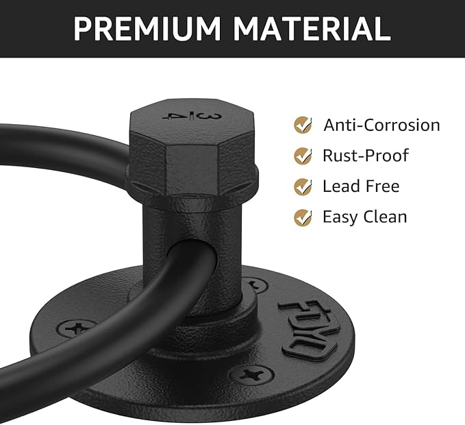 Industrial Towel Rings, Licperron Matte Black Pipe Hand Towel Rack, Wall Mounted Towel Holder for Bathroom 1PCS
