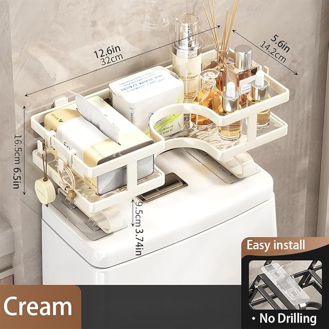 Over Toilet Storage Shelf No-Drill Floating Shelf with 3 Hooks, Easy Install Space-Saving Bathroom Organizer, Fits Most Toilets (No Block Flush Button), for Towels, Toilet Paper, Decor (White)