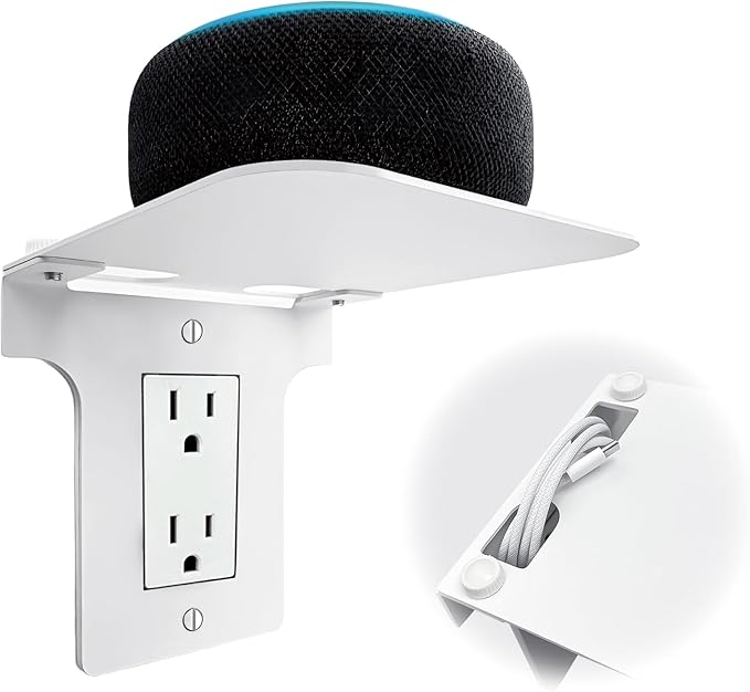 Metal Outlet Shelf with Built-in Cable Management, No-Drill Wall Organizer for Bathroom Outlets, Secure Holder for Echo Dot & Electric Toothbrush, Fits Vertical Decora, 1-Pack