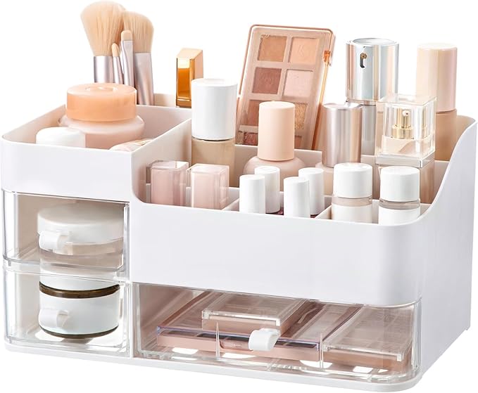HBlife Makeup Organizer for Vanity Bathroom Organizer Large Skincare Organizers with 3 Drawers Makeup Organizers and Storage Cosmetic Storage, White
