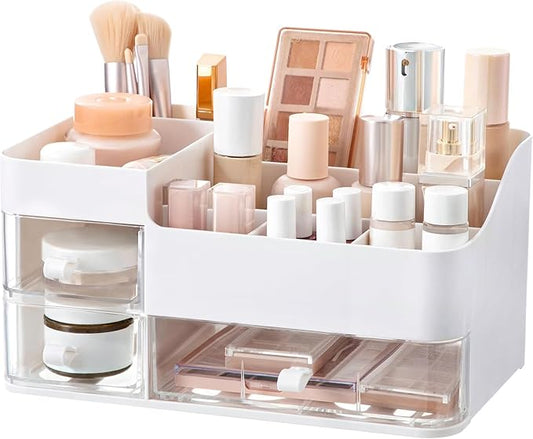 HBlife Makeup Organizer for Vanity Bathroom Organizer Large Skincare Organizers with 3 Drawers Makeup Organizers and Storage Cosmetic Storage, White