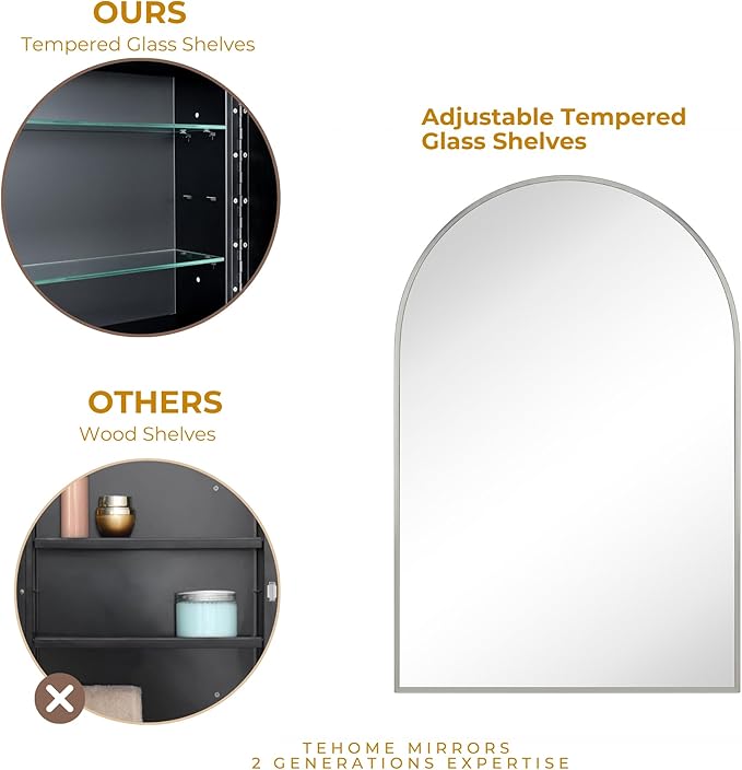 TEHOME 24 x 36'' Brushed Nickel Arch Bathroom Medicine Cabinet with Mirror Recessed and Surface Mounted Medicine Cabinet Mirror