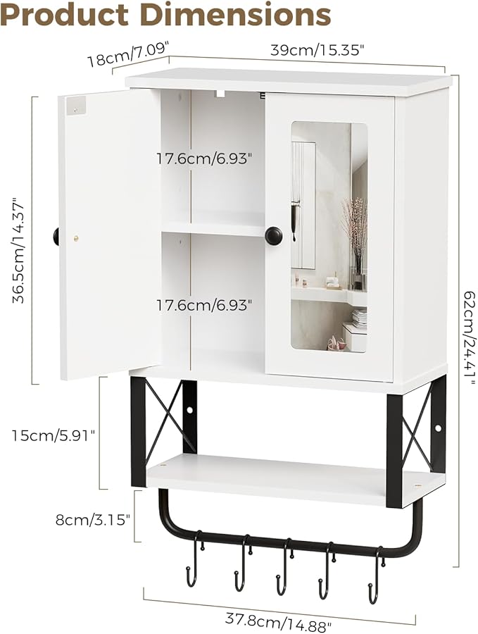 BEWISHOME Medicine Cabinet, Bathroom Wall Cabinet with Mirror, Wall Mounted Over The Toilet Storage Cabinet with Towel Bar and Adjustable Shelf, for Bathroom, 7.1" D x 15.4" W x 24.4" H, White YYG10W
