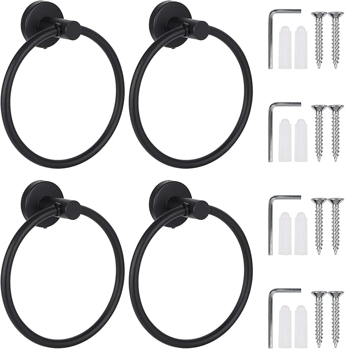 4 Pack Black Towel Ring, Stainless Steel Hand Towel Holder for Bathroom, Modern Round Towel Hanger Towel Rack Round Wall Mounted for Bath, Kitchen