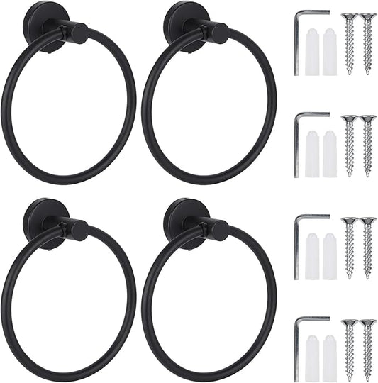 4 Pack Black Towel Ring, Stainless Steel Hand Towel Holder for Bathroom, Modern Round Towel Hanger Towel Rack Round Wall Mounted for Bath, Kitchen