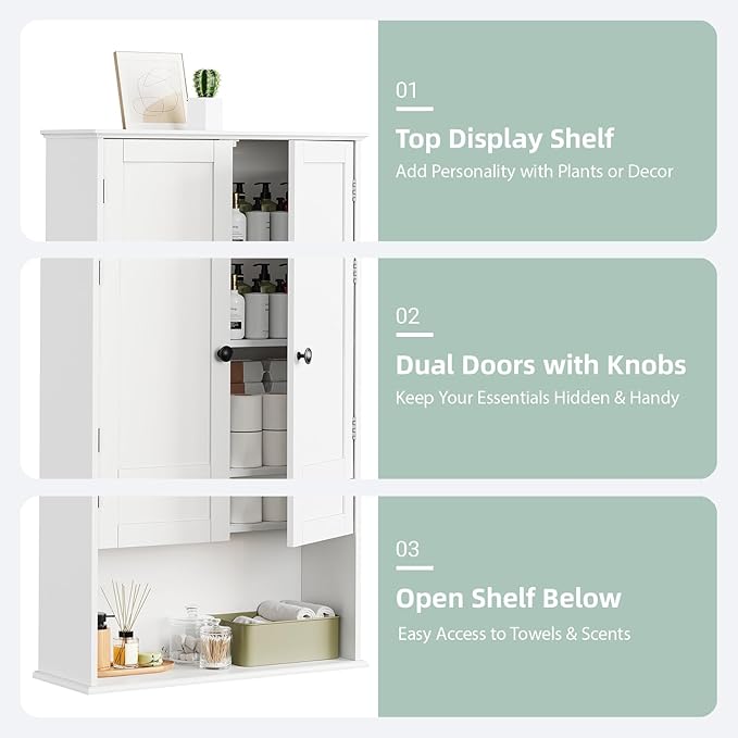 Bathroom Wall Cabinet 24"x30", Painted White Medicine Cabinet W/Adjustable Shelf, Easy Assembly Laundry Wall Cabinet Above Toilet Storage Cabinet Wall Mounted, Over the Toilet Storage Cabinet