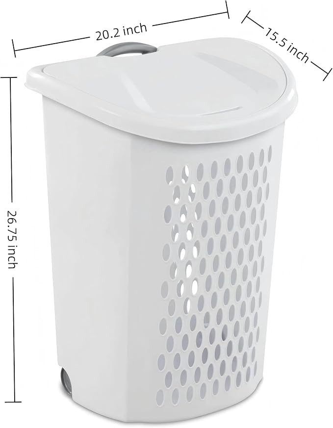 （1Pack)2-Bushel Plastic Laundry Basket on Wheels, Rolling Laundry Hamper with Wheels and Lid, Heavy-Duty Wheeled Hamper with Retractable Handle for Apartment & Dorm Room, White