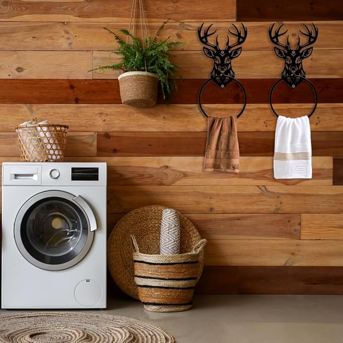 MAYJOYDIY Deer Animal Metal Towel Ring Deer Head Towel Holder Elk Antler Wall Decor Towel Hanger Black Art Custom Towel Rack Wall Mounted for Bathroom Kitchen Home Decors Gift