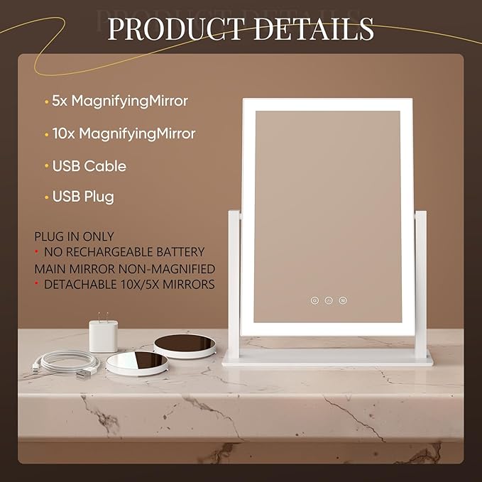 DECADENCE Vanity Mirror with Lights, 17.3’’ LED Makeup Mirror Detachable 10X/5X Magnification, Smart Touch Control, 3 Color Lighting Modes,360°Rotation Tabletop Make Up Mirror for Bedroom Bathroom